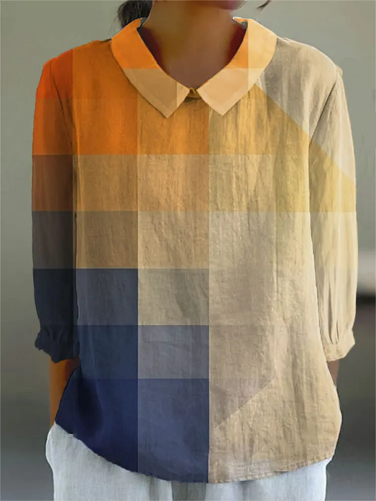 Women's Vintage Abstract Geometry Art  Print Casual Cotton And Linen 3/4 Sleeve Shirt