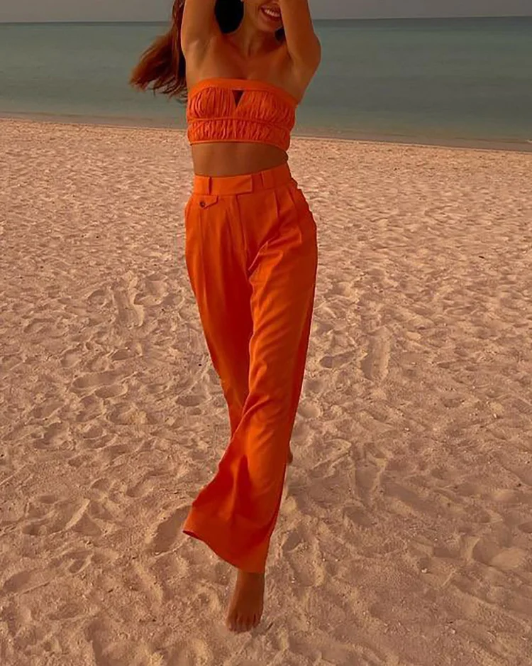 Fashion Solid Wrap Top and Pant Set
