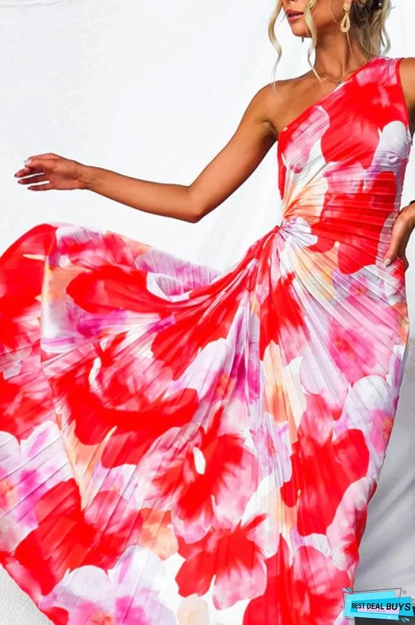 One Shoulder Sleeveless Print Asymmetric Maxi Pleated Dress