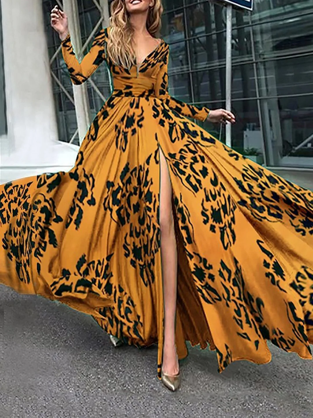 Printed Graphic Slit Prom Elegant Maxi Dress