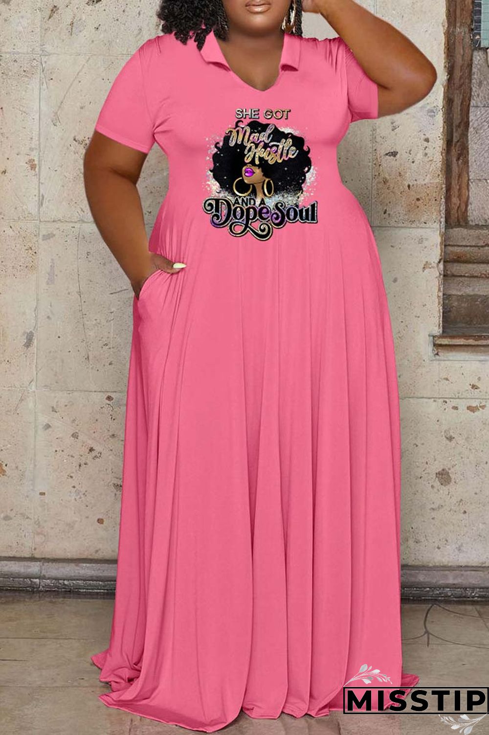 Pink Casual Print Basic O Neck Short Sleeve Dress Plus Size Dresses