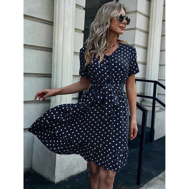 Elegant V-neck Short Sleeve Sexy A-line Ruffle Hem Dress