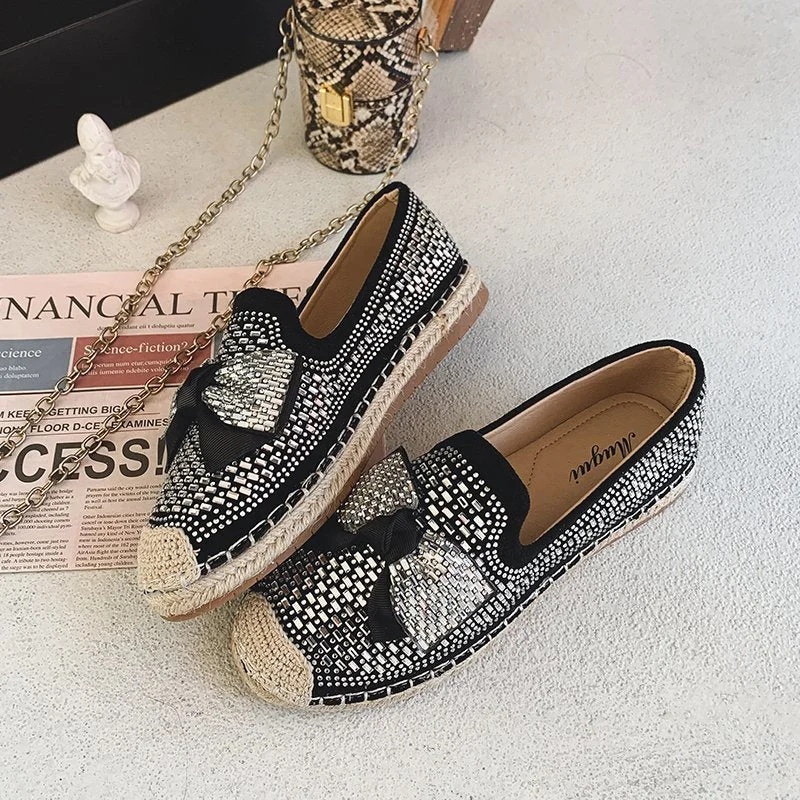 Aphixta Glitter Butterfly-knot Espadrilles Women Flat Hemp Shoes Shiny Loafers Luxury Fashion Moccasins Slip On Ballet Flats