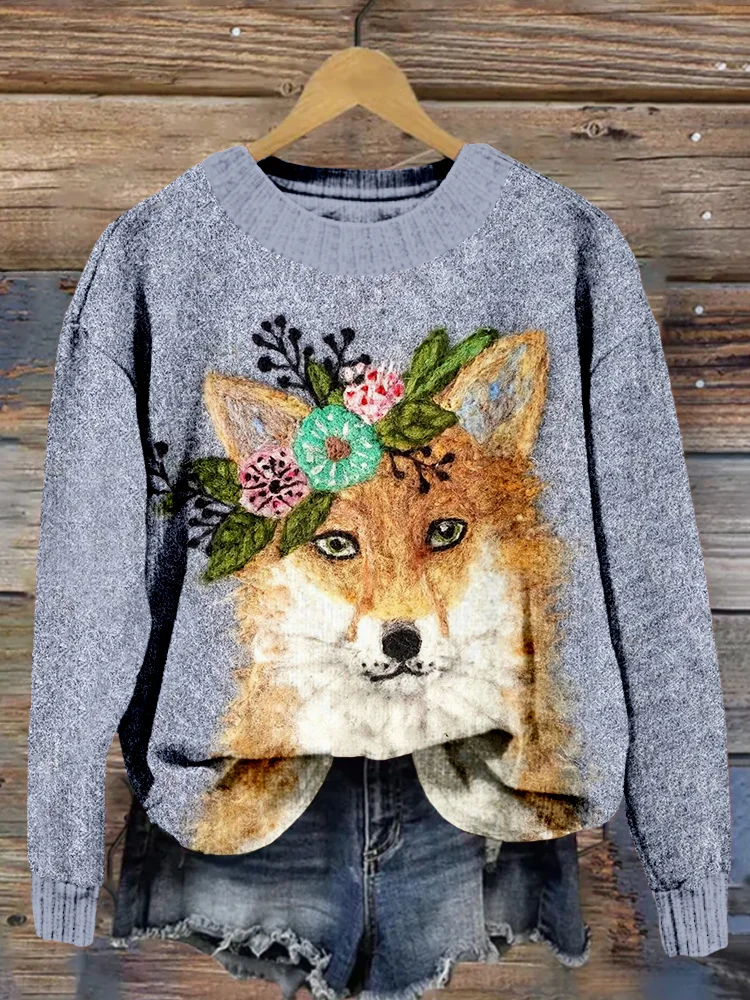 Cute Fox Wool Painting Art Crew Neck Cozy Sweater