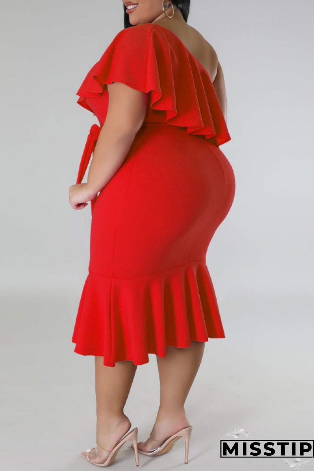 Green Casual Solid Patchwork Backless Oblique Collar Plus Size Dresses