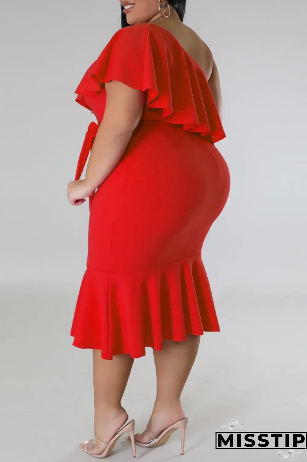 Green Casual Solid Patchwork Backless Oblique Collar Plus Size Dresses