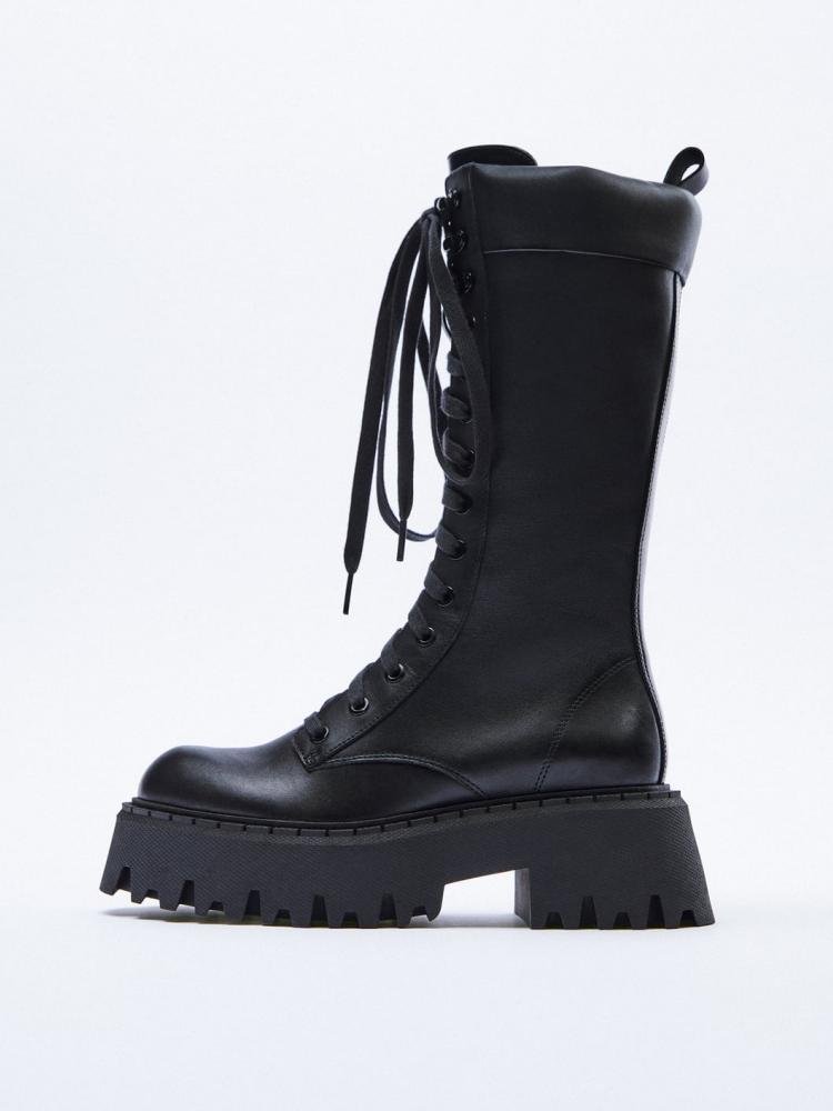 Casual Black Lace-Up Side Zipper Chunky Track Sole Platform Mid-Calf Leather Round-Toe Boots