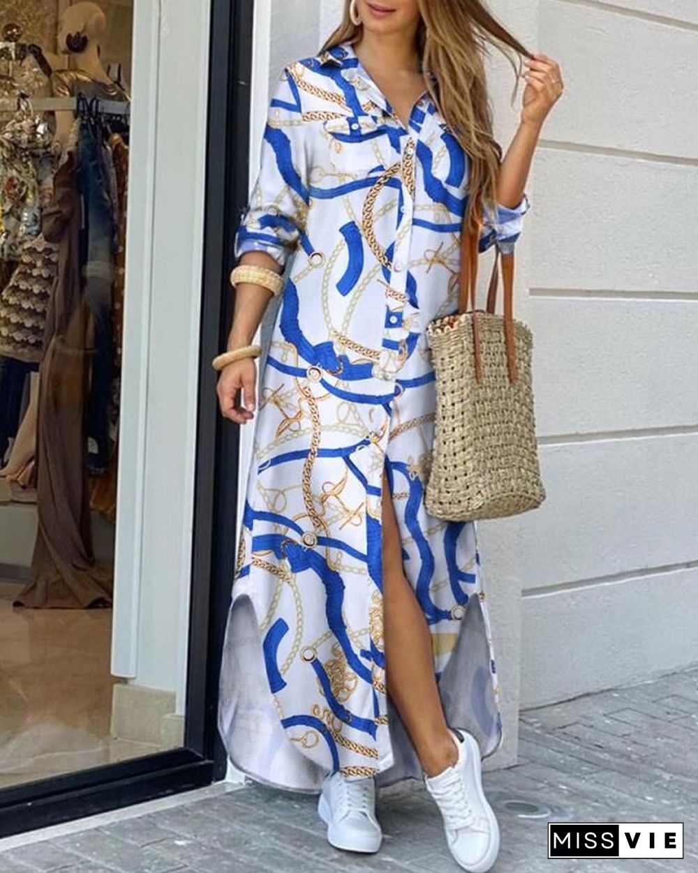 New Fashion Boho Dress Casual Loose Long Sleeve Chain Print Shirt Dress Long Dress Vestidos De Mujer
