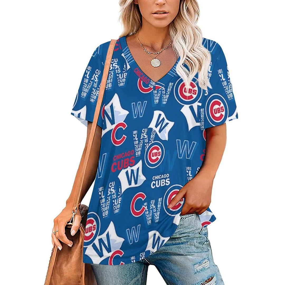 V-neck Short Sleeve Casual T-shirt for  Women Printed with Pattern,Blue,Red