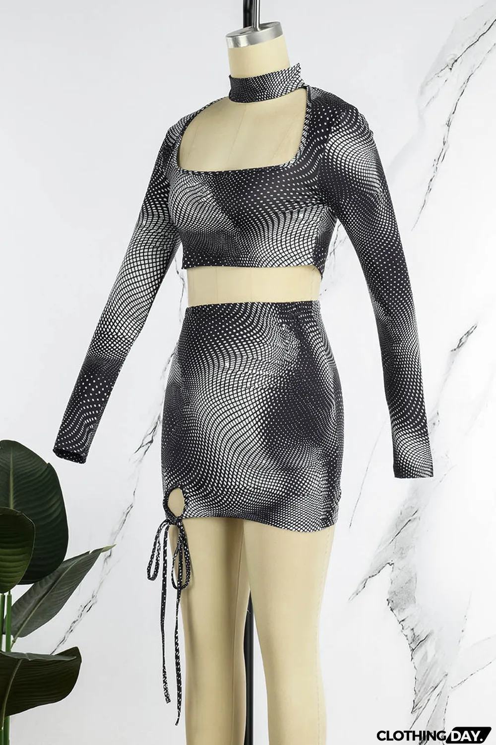 Grey Casual Street Polka Dot Hollowed Out Half A Turtleneck Long Sleeve Two Pieces