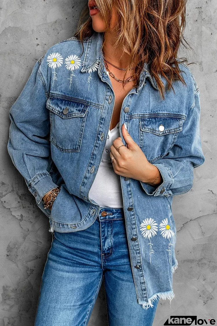 Daisy Letter Print Flap Pockets Buttoned Denim Jacket