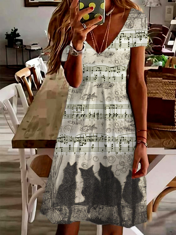 Vintage Sketch Animal Cat Music V-Neck A-Line Midi Dress wearshes