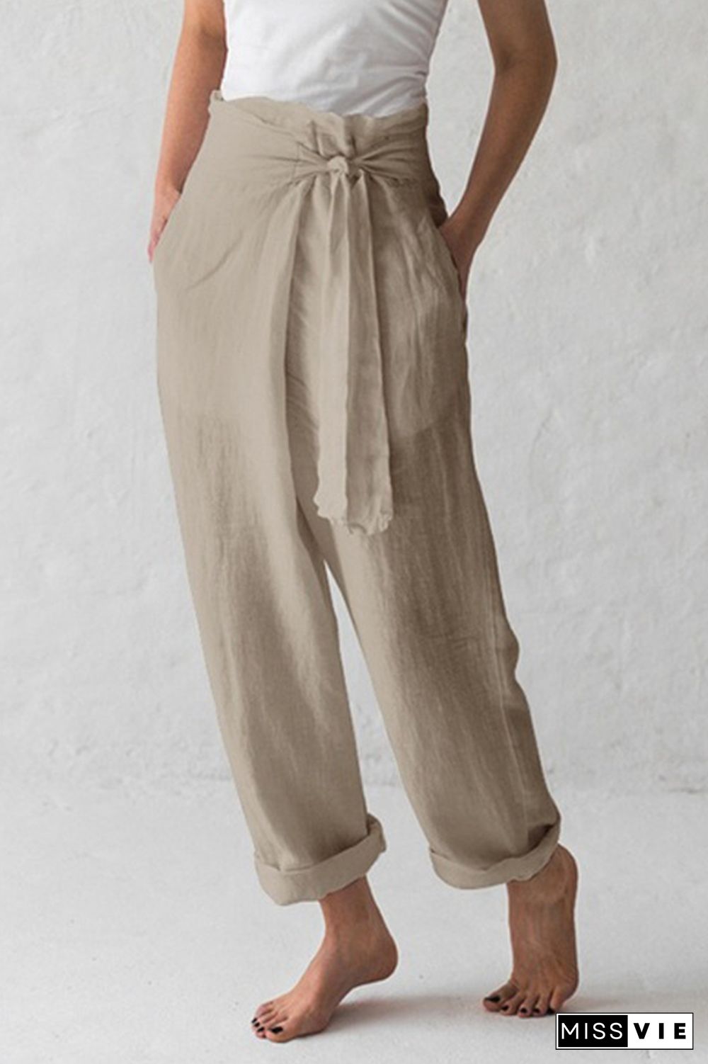 Casual Solid Strap Design Straight Mid Waist Solid Color Bottoms
