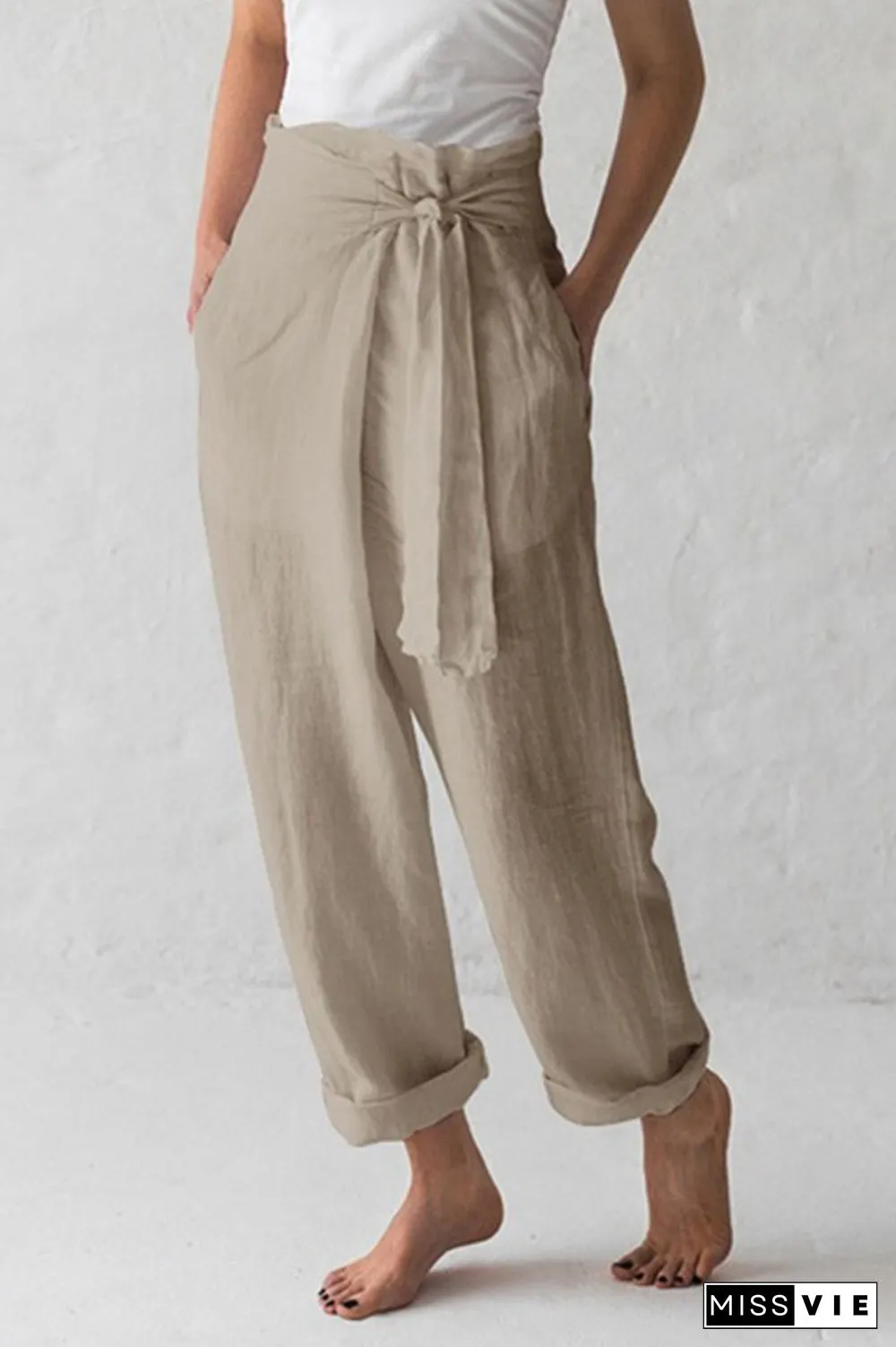 Casual Solid Strap Design Straight Mid Waist Solid Color Bottoms
