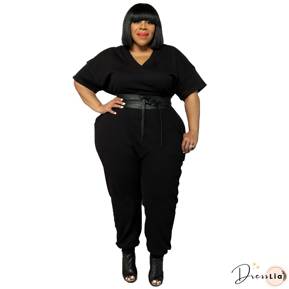 Spring Plus Size Women's Solid Short Sleeve V-Neck Jumpsuit