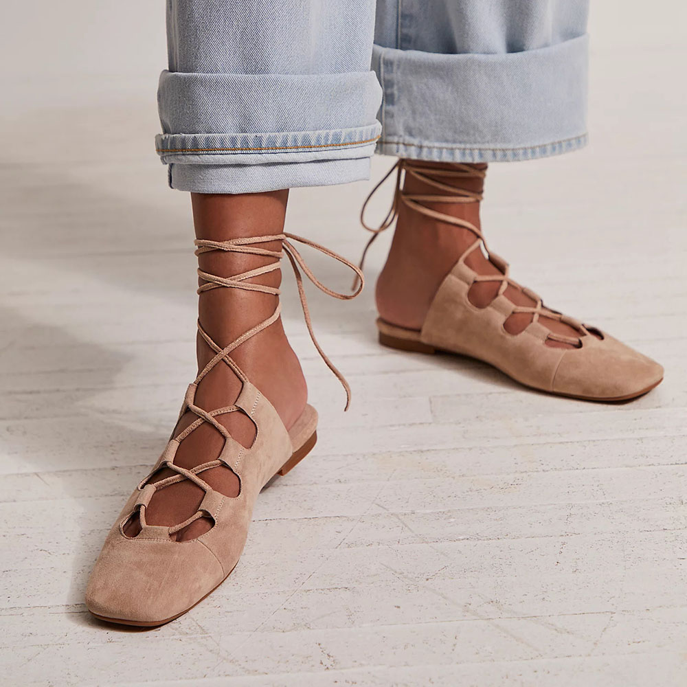 Beige Faux Suede Square Toe Flat Lace Up Strappy Sandals Nicepairs