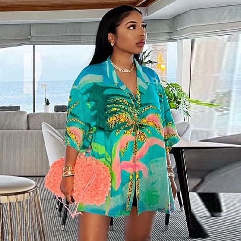 BIIKPIIK 2022 Summer Beach Style Oversized T-shirt Women Buttons Turn-down Collar Short Sleeve Tops Loose Casual Vacation Blouse