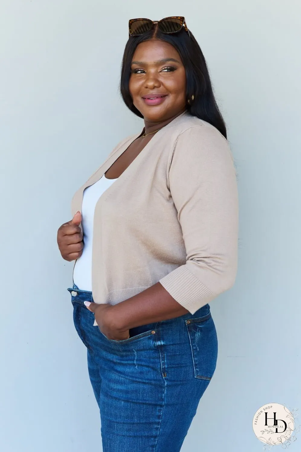 Doublju My Favorite Full Size 3/4 Sleeve Cropped Cardigan in Khaki