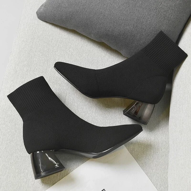 comemore Autumn Winter Women's Knit Elastic Socks Boots Pointed Toe Chunky Heel Boots Black Fashion Ankle Chelsea Boots Shoes