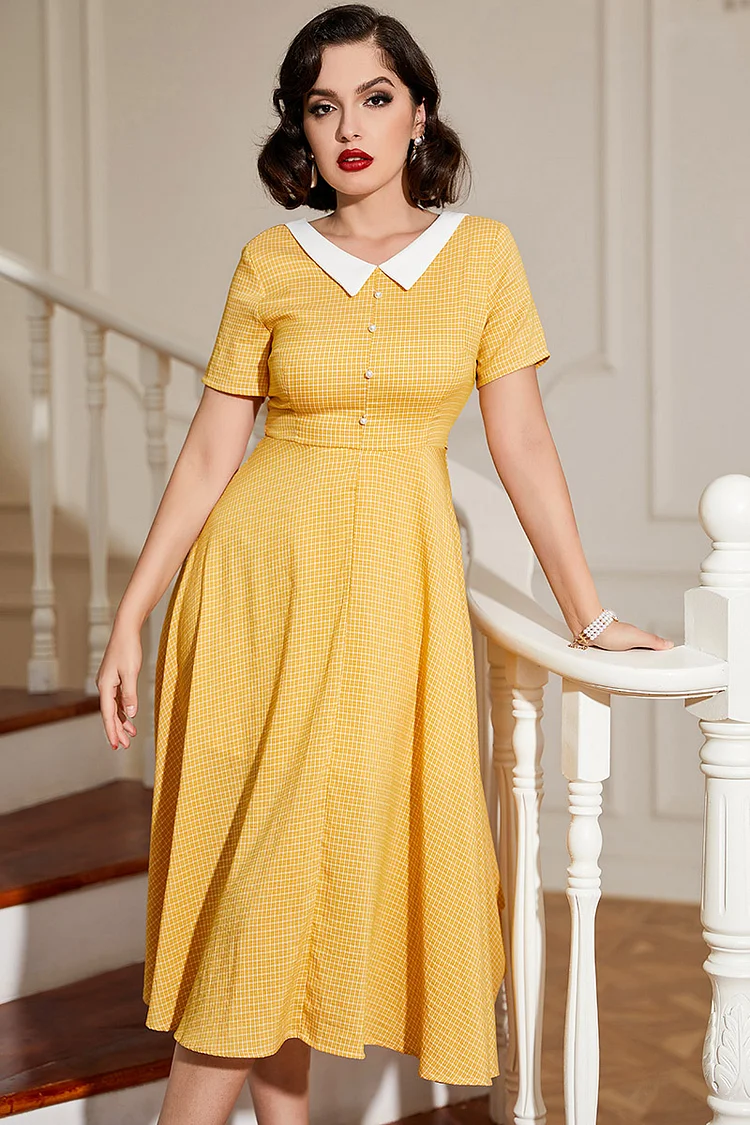 1950s Yellow Casual Doll Collar Fitted Bodice Pearl Buttons Plaid A-line Midi Dress [Pre-Order]