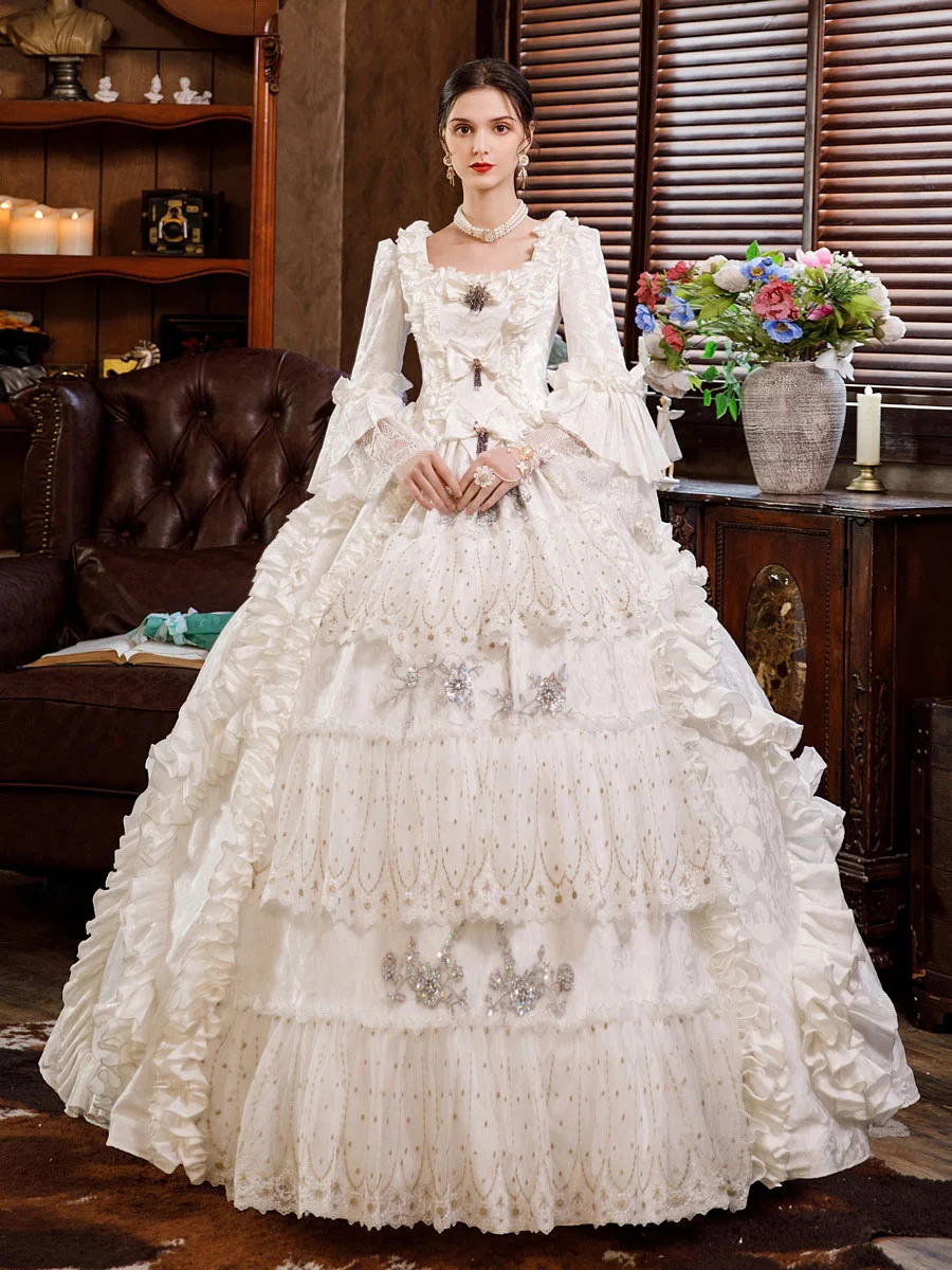 White Marie Antoinette Retro Costumes Women Victorian Flared Long Sleeve Tiered Dress Masquerade Wedding  Dresses Novameme