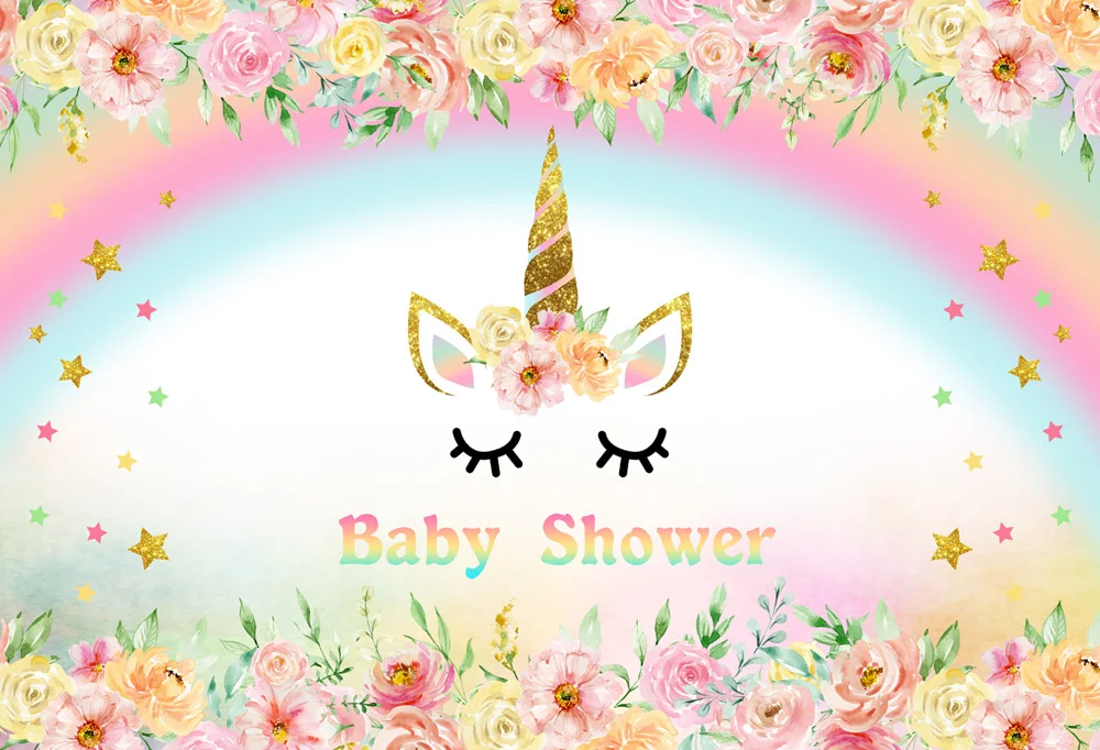 Colorful Flowers And Glitter Unicorn Baby Shower Backdrop RedBirdParty