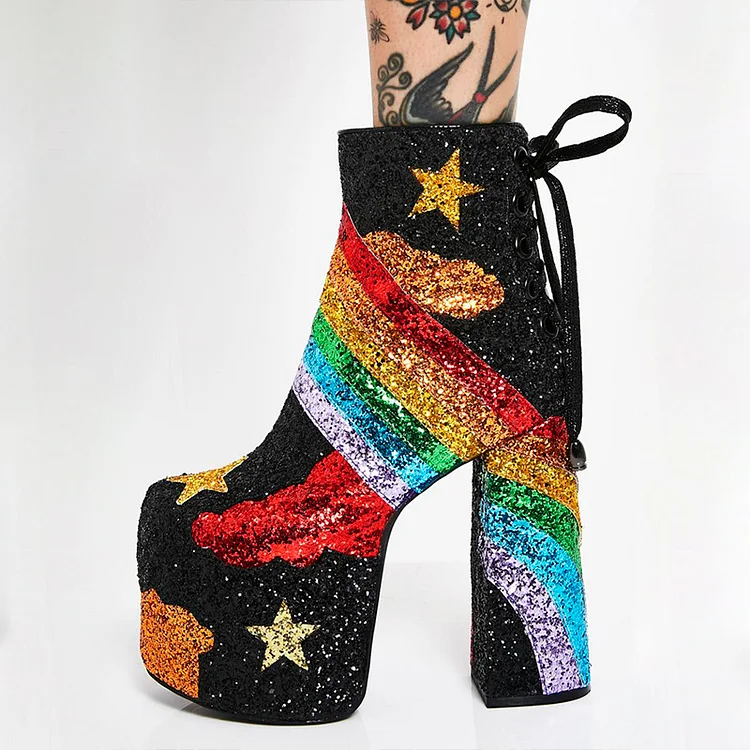 Multicolor Platform Heels Elegant Glitter Shoes Round Toe Ankle Boots |FSJ Shoes