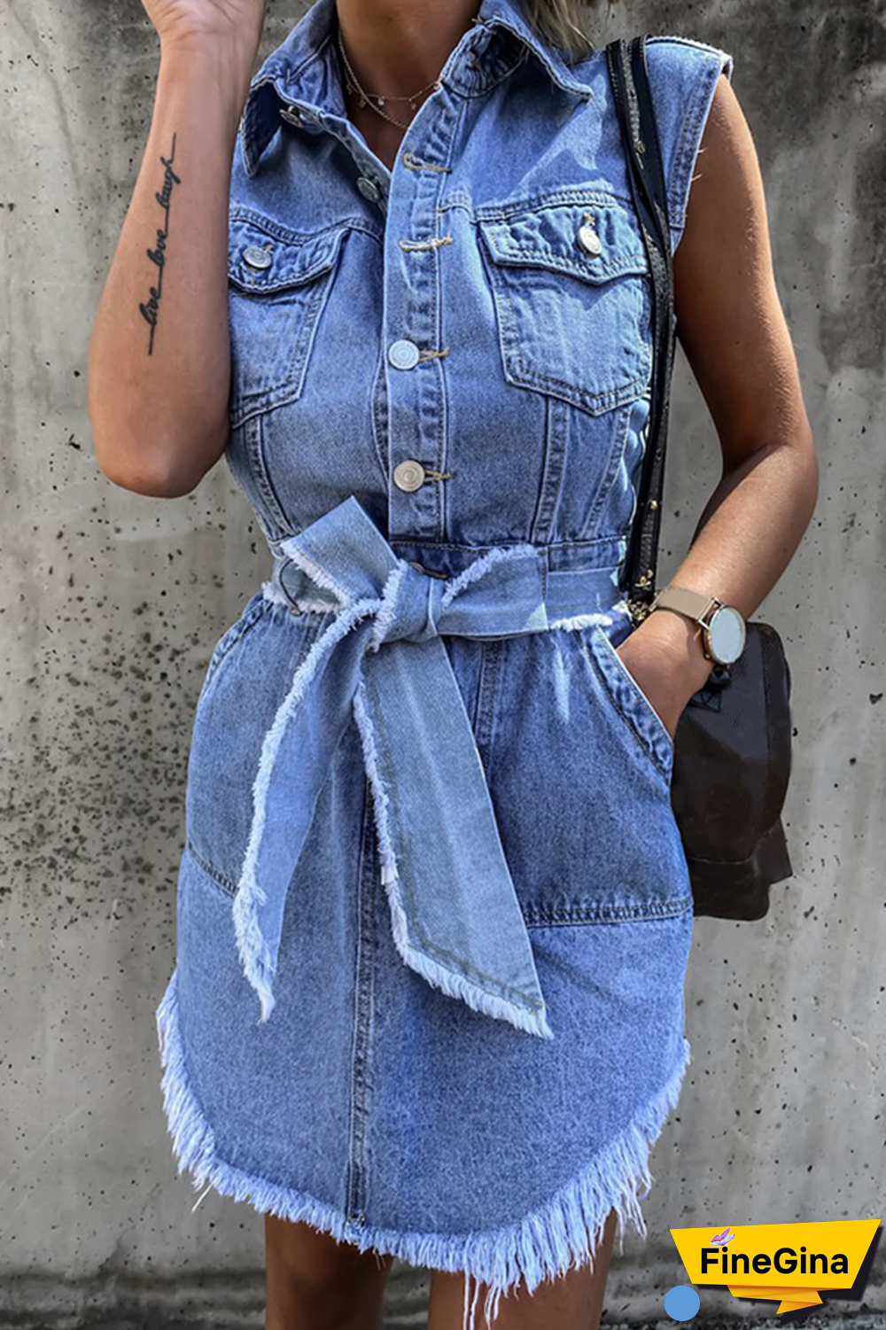 Fashion Street Solid Tassel Buckle With Belt Wrapped Skirt Dresses