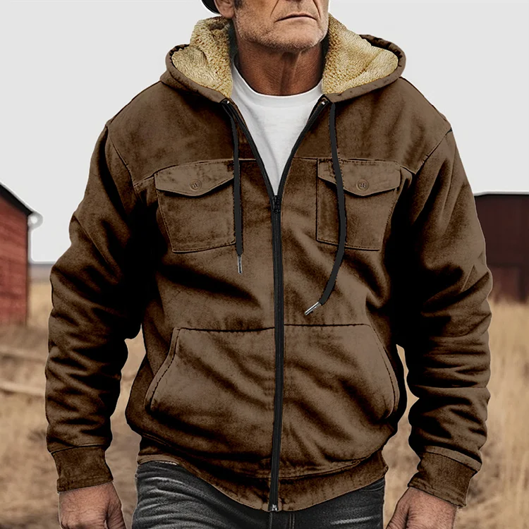 Utbros Vintage Khaki Pocket Fleece Hoodie Jacket