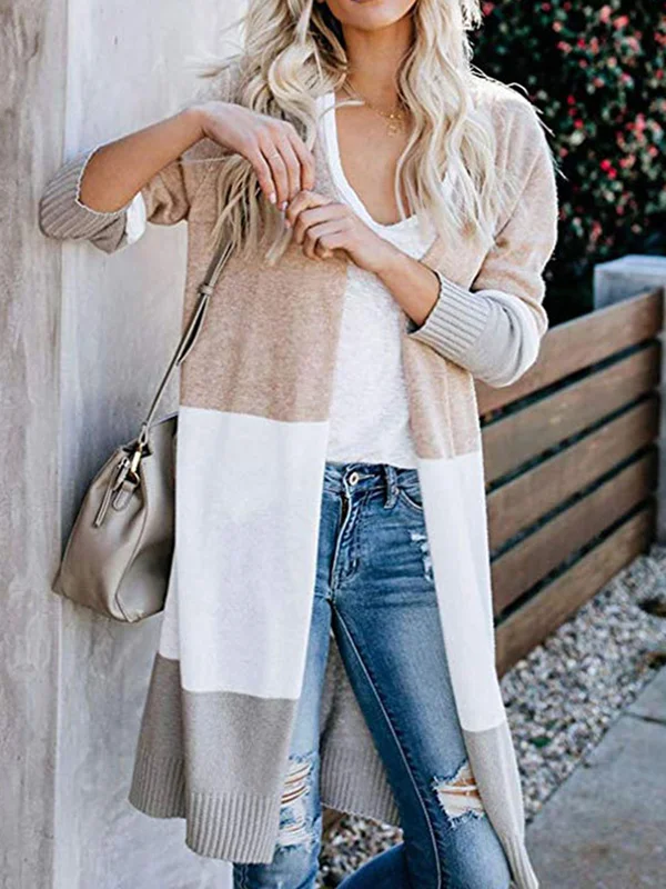 Contrast Color Long Sleeves Loose V-Neck Cardigan Tops