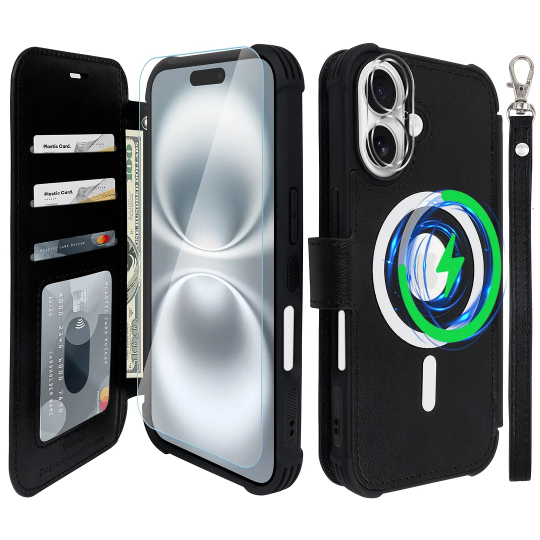 VANAVAGY Compatible for iPhone 16 Wallet Case for Magsafe Wireless Charging,Leather Flip Folio Wrist [Glass Screen Protectors & Camera Lens Protectors] with RFID Block Card Holder