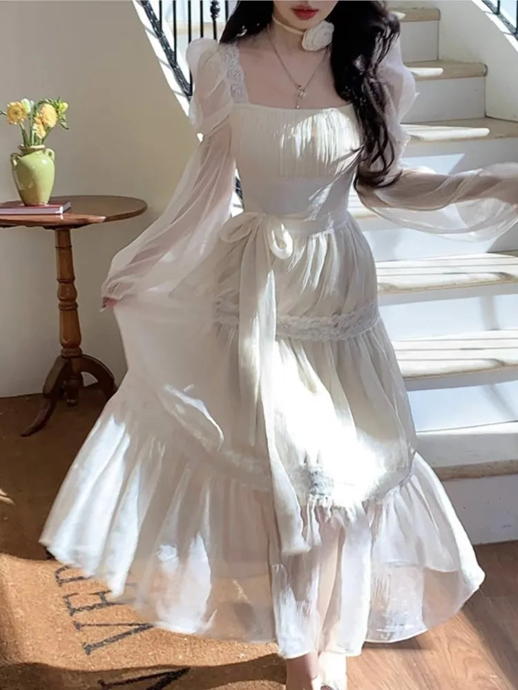 Aiertu Summer Chiffon Midi Dress Women Lace Y2K Lolita Fairycore Puff Sleeve High Waist French Vintage Evening Party Dresses Prom Robe Aiertu