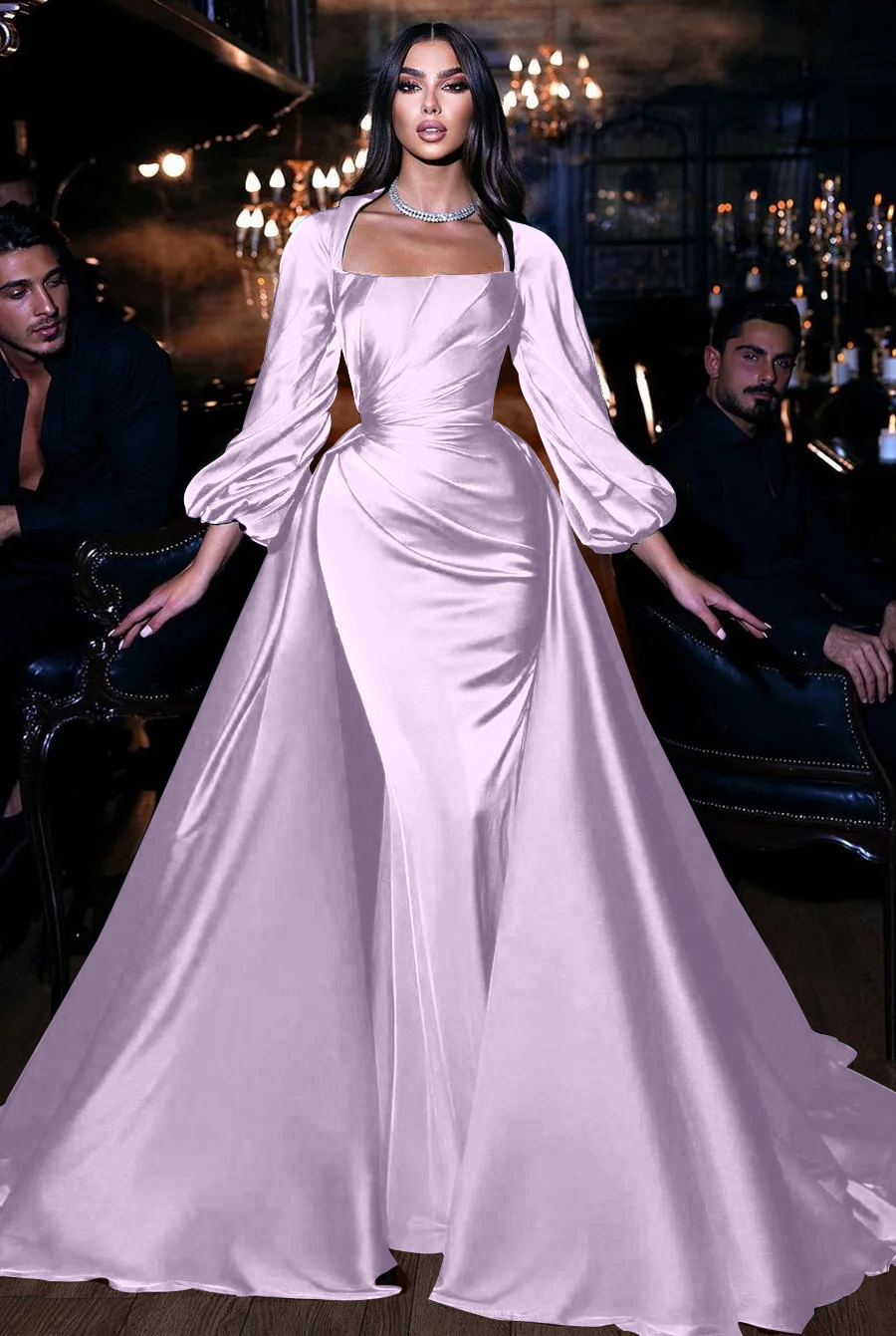 Hidais Square Emerald Long Sleeves Pleated Long Mermaid Prom Dress With Ruffles