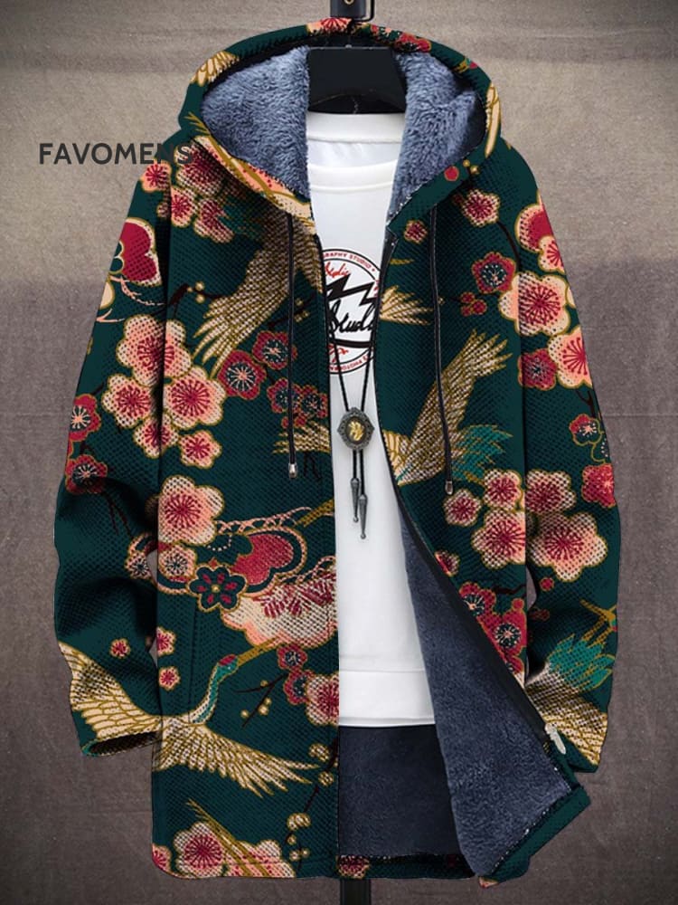 Unisex Plush Thickened Long Sleeve Vintage Plum Crane Texture Cardigan Jacket Multicolor / S