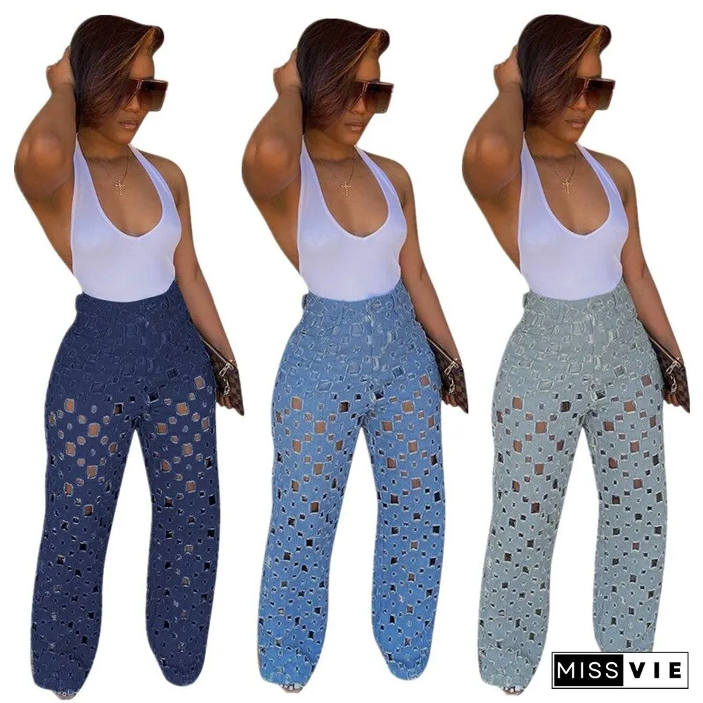 Womens clothes streetwear hollow out jeans denim trousers high waist loose style type fit