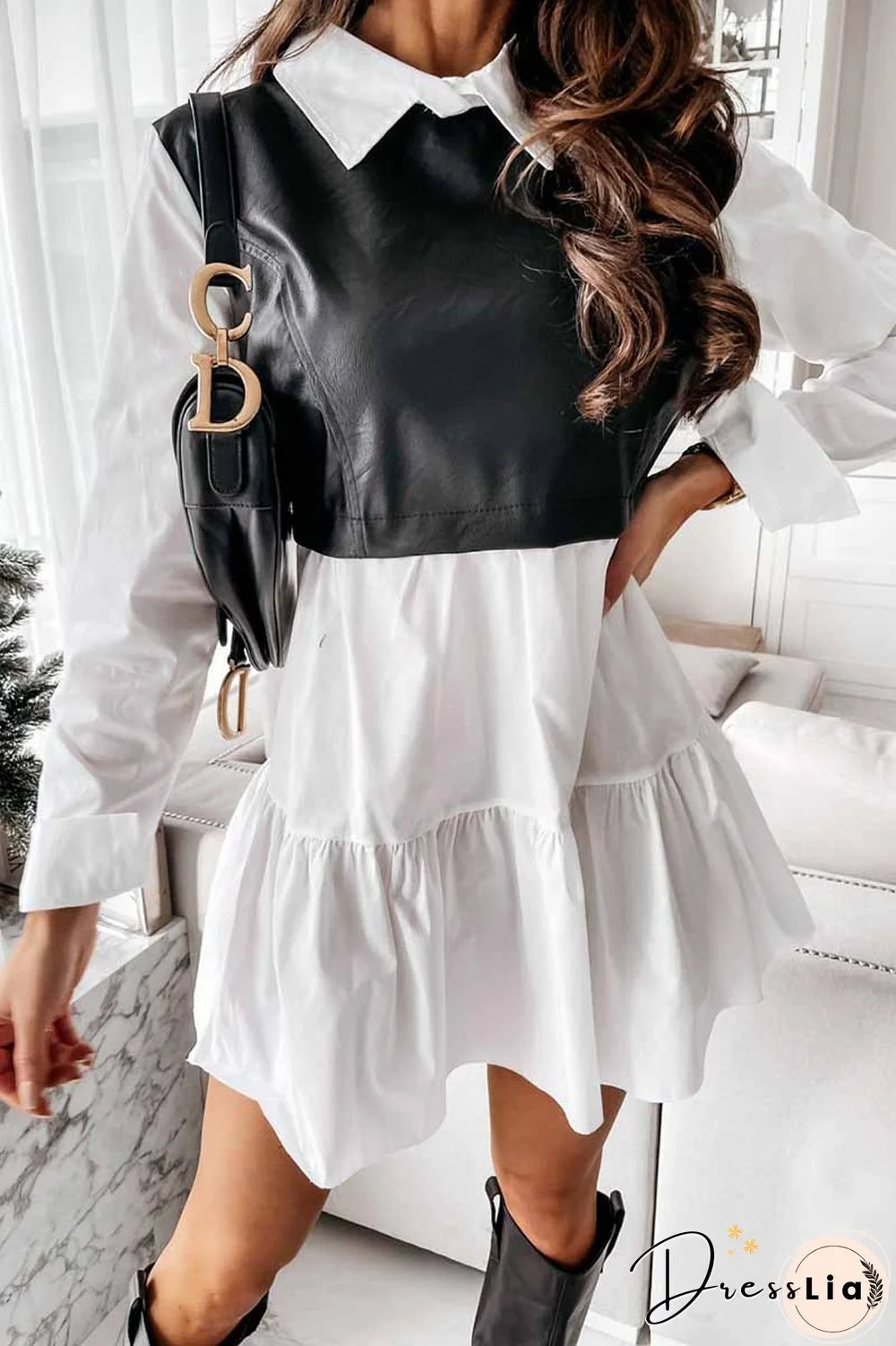 Shirt Skirt And Leather Stitching Mini Dress
