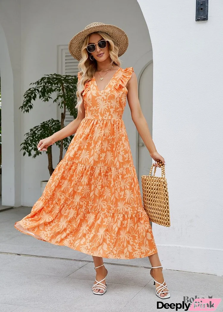 Boho Casual V-neck Floral Sleeveless Midi Dress Zoe