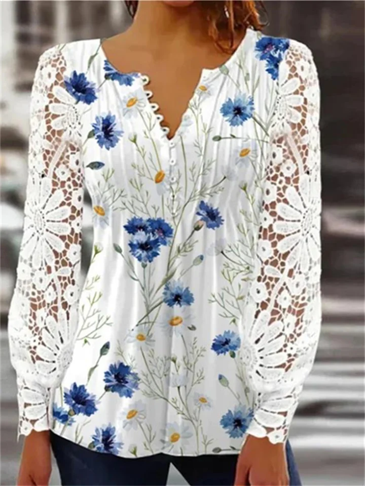 Women's Shirt Blouse White Pink Blue Floral Lace Button Long Sleeve Casual Basic V Neck Regular Floral Puff Sleeve S | 168DEAL