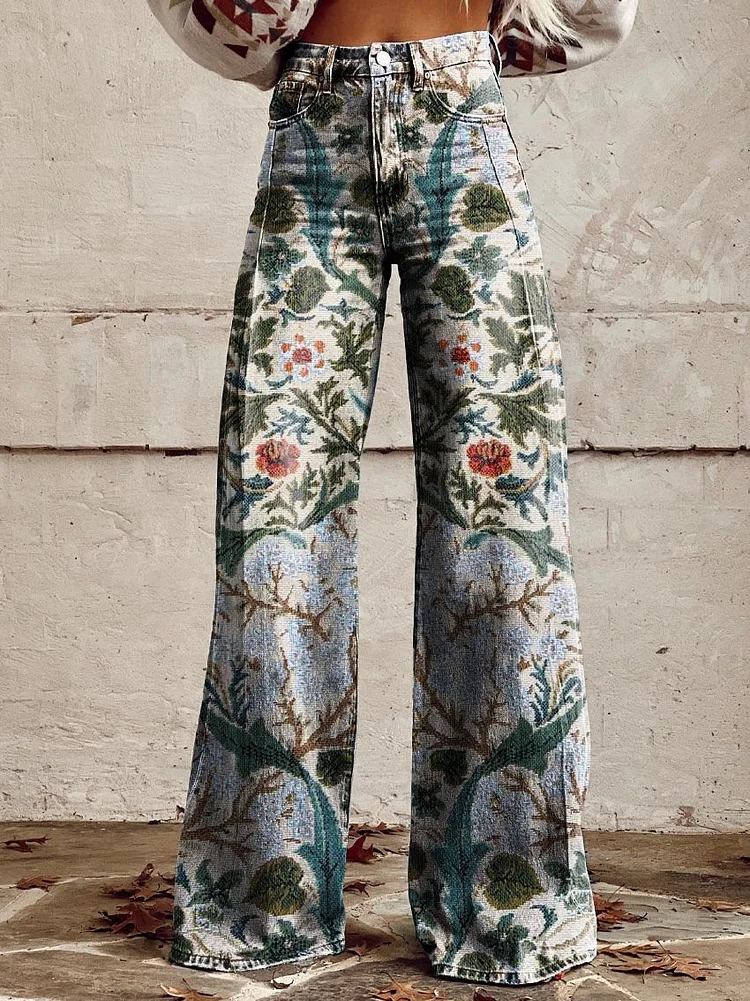 Women's Vintage Lovely Floral Art Print Casual Wide Leg Pants