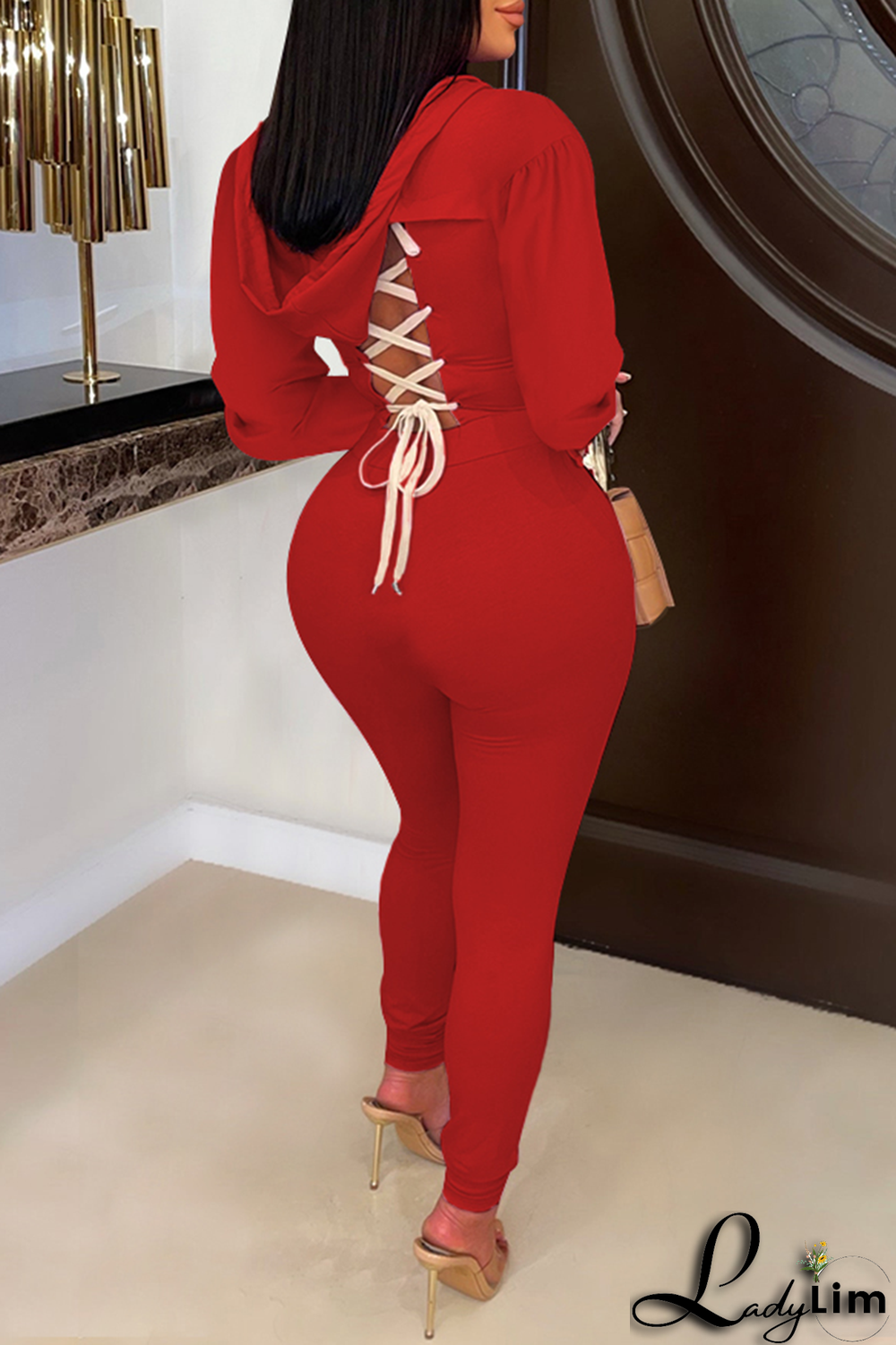 Black Casual Solid Draw String O Neck Long Sleeve Two Pieces