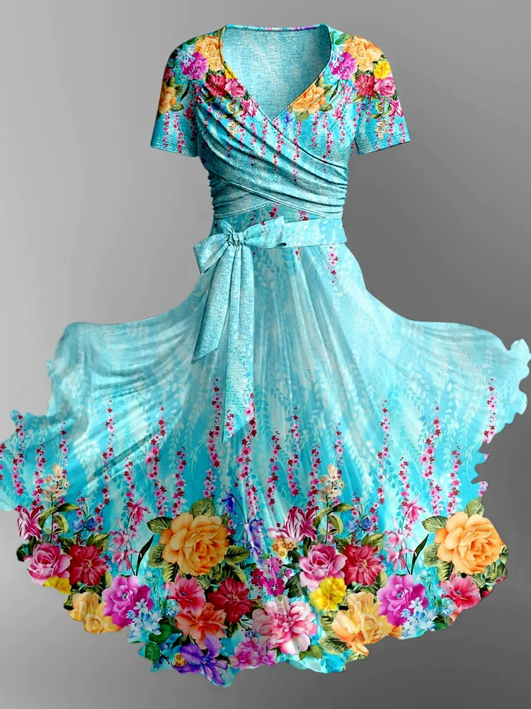 Retro Floral Printed Vintage Cross Fold Short Sleeve Two-Piece Midi Dress