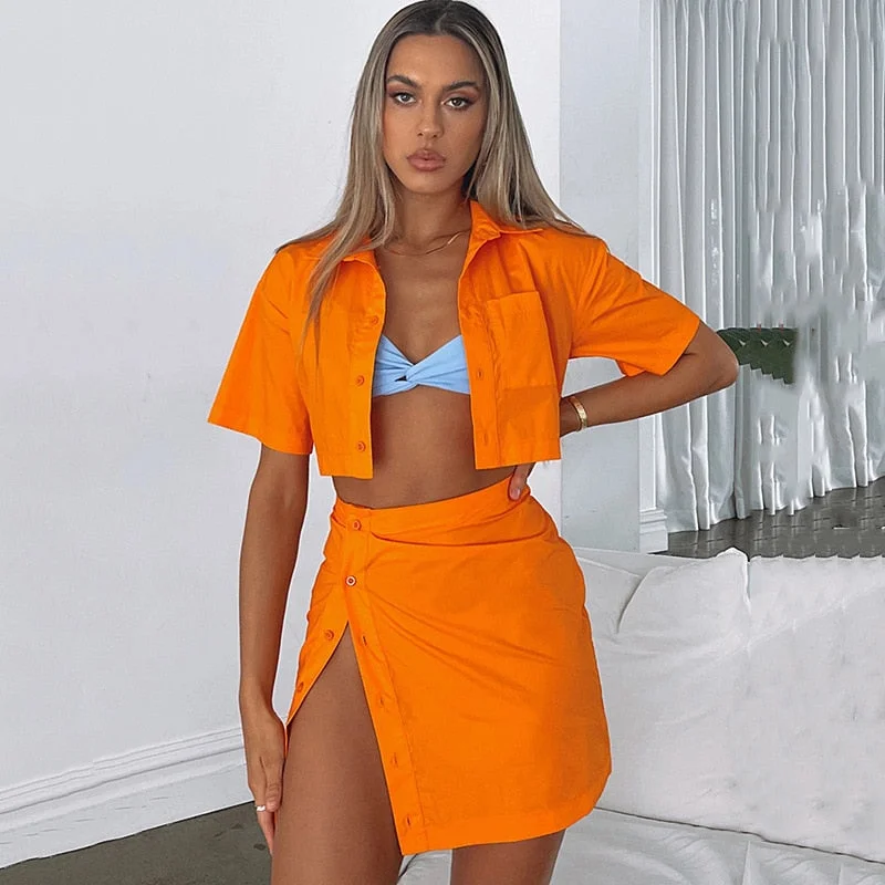 Yimunancy 2-Piece Blazer Sets V Neck Cropped Blazer + High Waist Skirt 2021 Autumn Button Notched Lace Up Matching Set