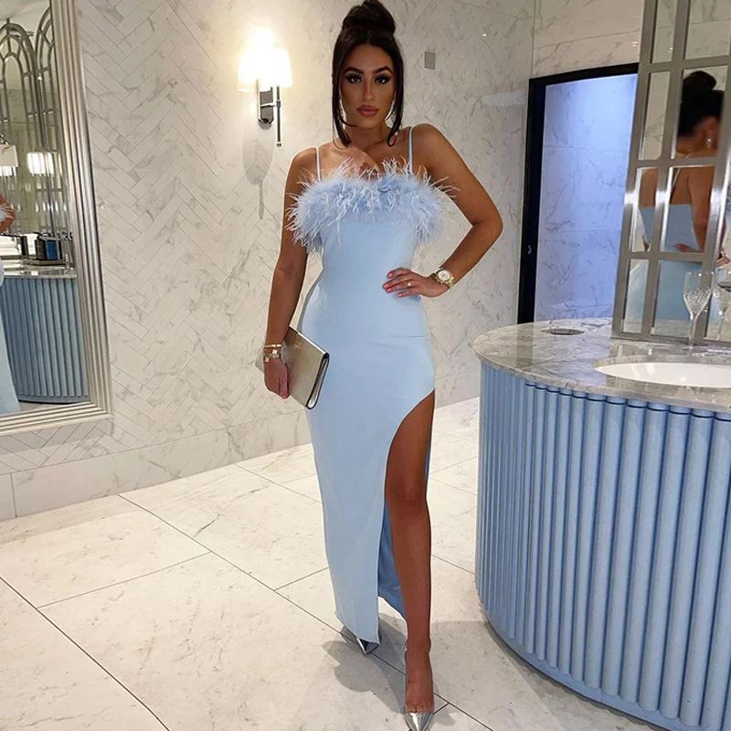 Feather Sleeveless Slips Backless  Bodycon Midi Prom Dress Skinny 2023 Fall Women Elegant Outfit Birthday Party