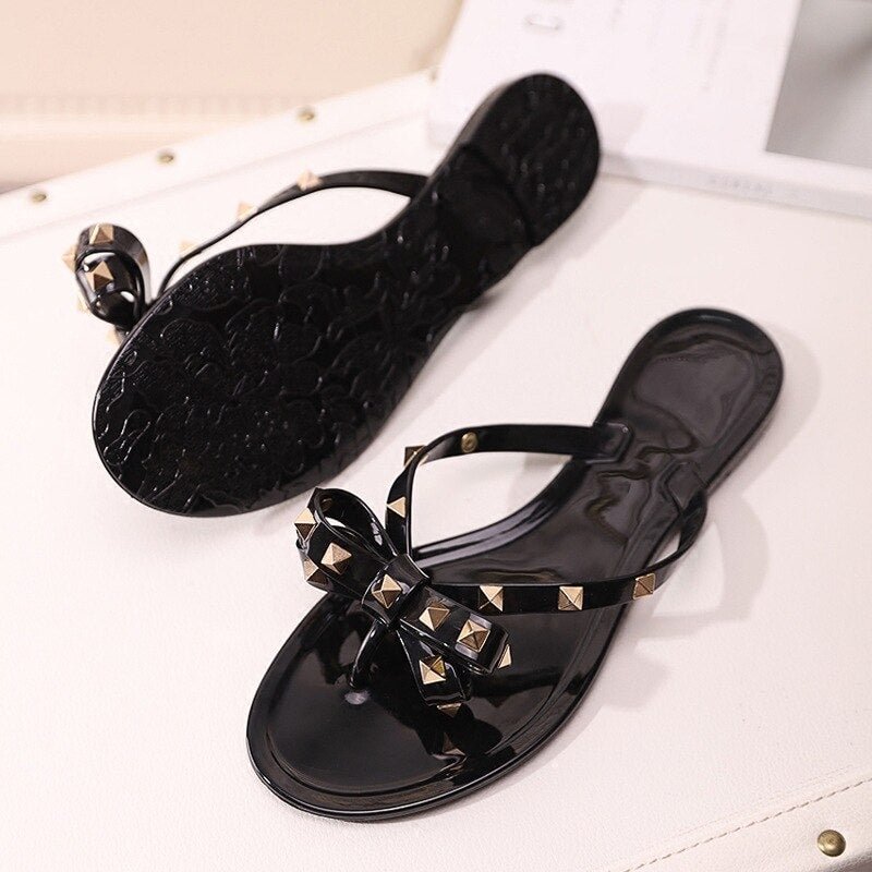 Women Slippers 2021 Summer New Women's Shoes Rivet Bow Flat Non-slip Sandals And Slippers Jelly Rubber Shoes Fashion Beach Shoes
