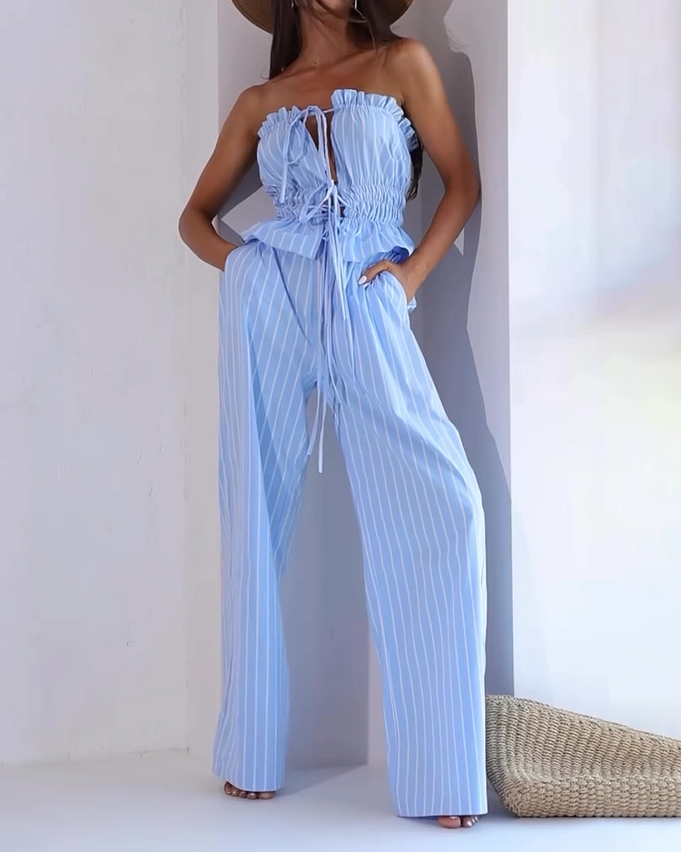Bandeau Top and Pants Striped Print Two-piece Set