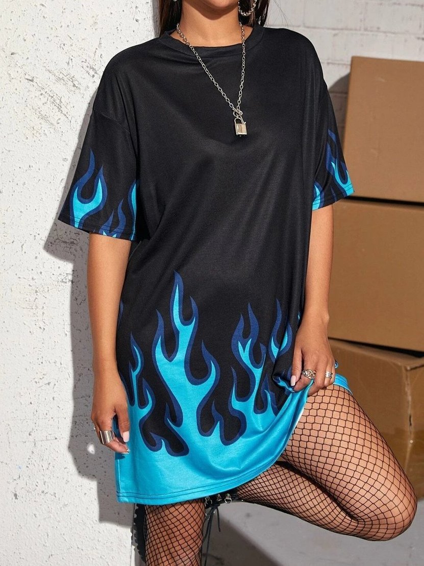 Flame Print Drop Shoulder Oversized T-Shirt