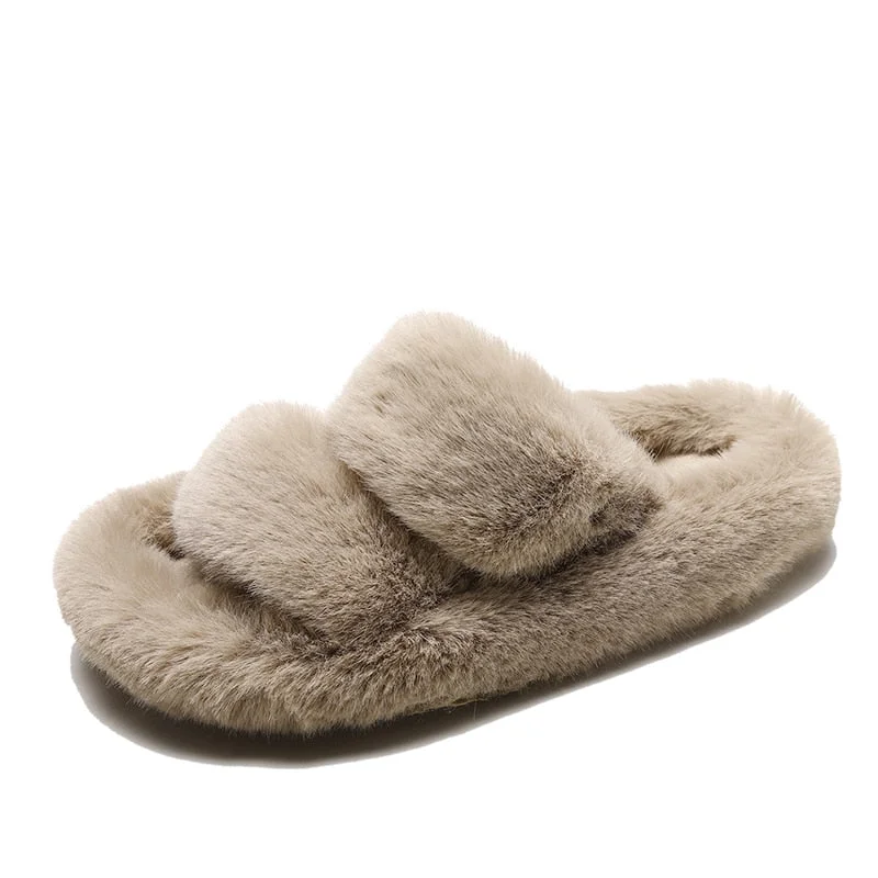 2020 Fluffy Home Slippers Women Faux Fur Slippers Cozy Furry Slides Open Toe Slip on Soft Slippers House Floor Plush Warm Shoes