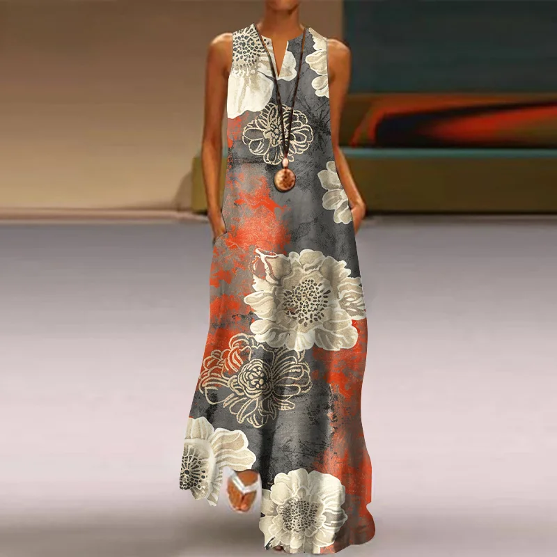 Japanese Art Flower Print V-Neck Sleeveless Maxi Dress