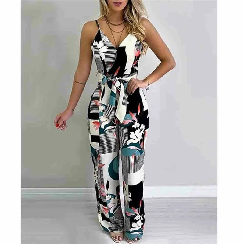 Women Summer Boho Floral Bodycon Jumpsuit Sleeveless V-neck Party Casual Wide Leg Long Playsuits Overalls