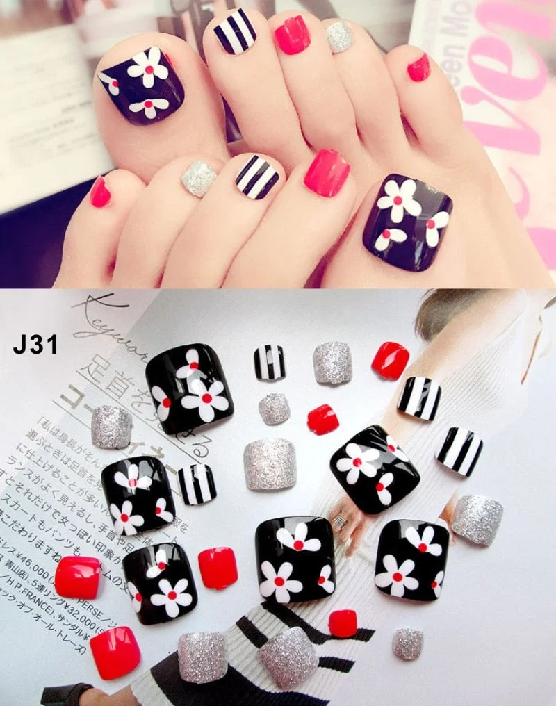 24 Pcs/Set Fresh Style Toe Fake Nails 3D Foot Full Toes Nail Art Tips False Nails  for Lady Girls Toenails Press on Nail-Nail Inspo